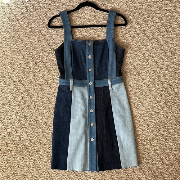 7 For All Mankind Patchwork A Line Button Front Mini Dress In Patchwork Found - Picture 6 of 9